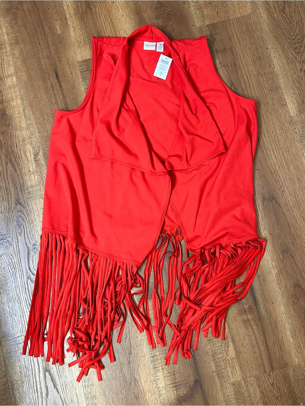 Chico’s Fringed Open-Front Tunic Vest in Bright Coral